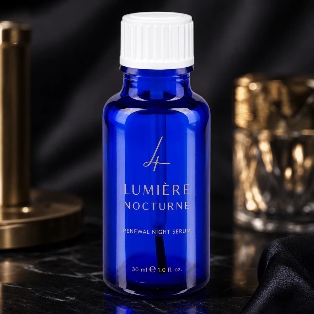 Blauwe glazen flessen 20ml met wit schroefsluiting kwastje 18mm VR Apothekersflesje 20 ml, blauw glas, STD-dop, wit tegen een gouden luxe achtergrond