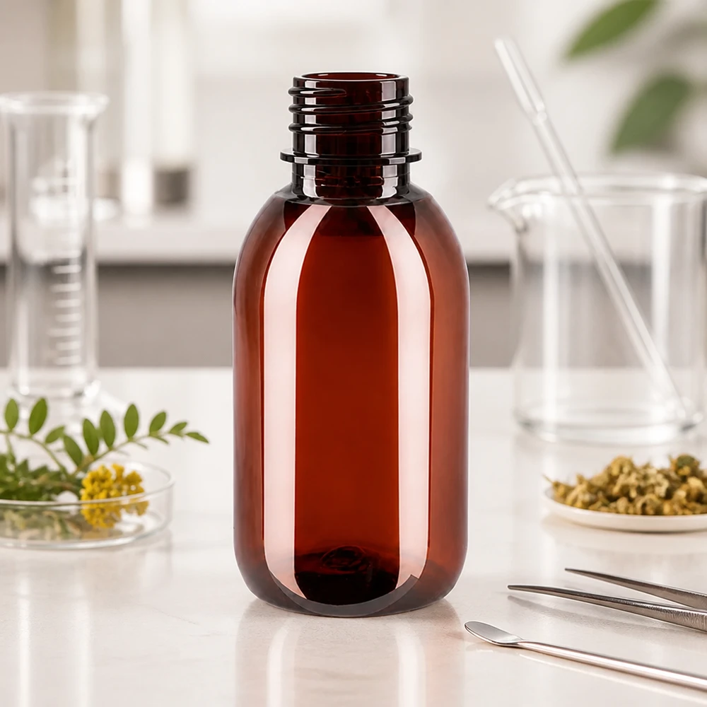PET fles 250ml met witte verzegelstop + beker Naturkosmetik Verpackung 250ml bernstein PET Flasche mit Originalitätsverschluss und Becher