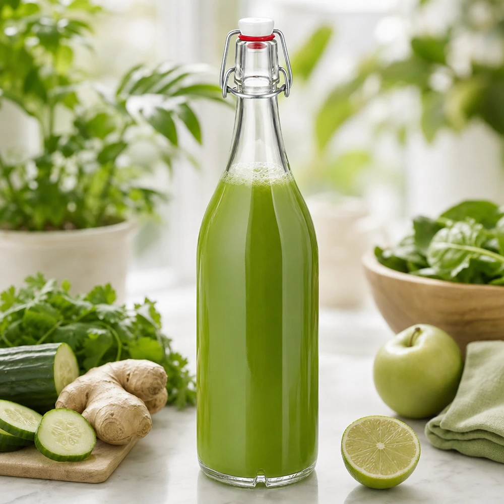 1000ml glazen fles met draaidop gevuld met groen sap omringd door verse ingrediënten zoals komkommer-gember