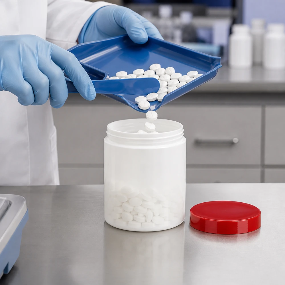 Zalfpot 30 g wit met rood schroefdeksel (PP) Cilindrische zalfpot van 30 g, gemaakt van wit PP-kunststof, met een rode schroefdop