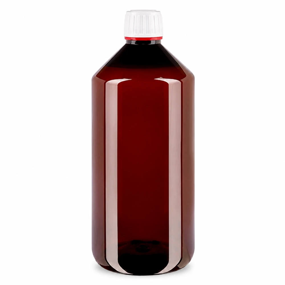 1000ml PET-fles met wit/rode OV-dop Cilindrische PET-fles van 1000 ml, bruin-amberkleurig met wit-rode garantiedop, in originele verpakking, leeg