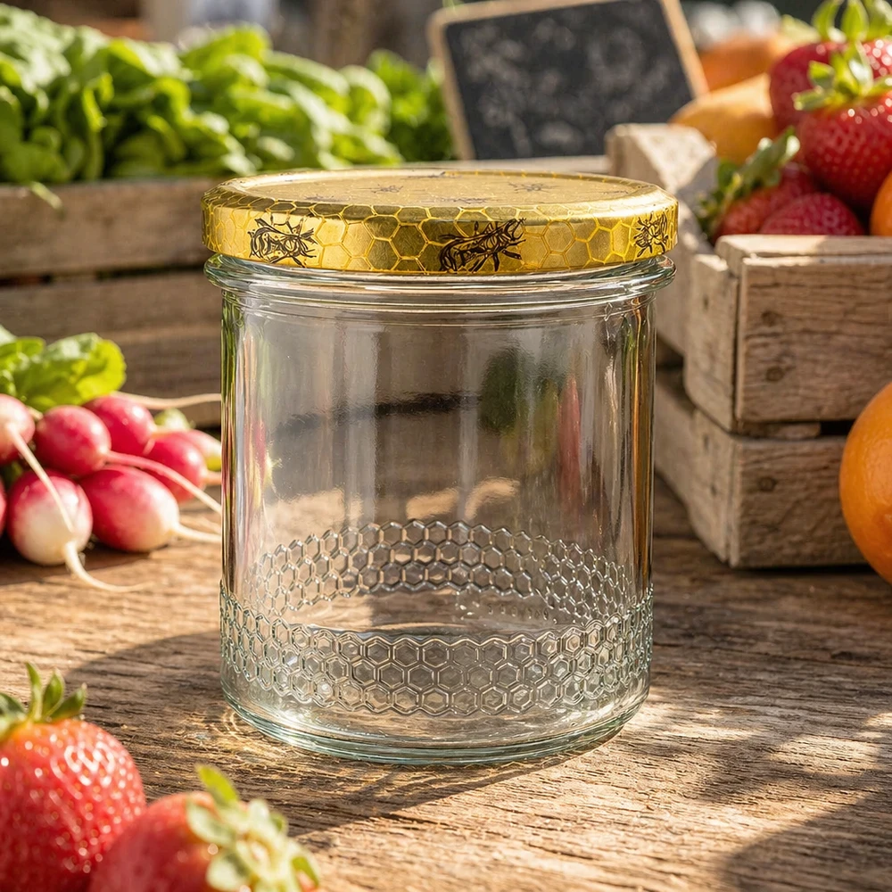 Honingpot 560 g met honingraatmotief-deksel BasicSeal UNiTWIST 400 ml honingpot met BasicSeal honingraatdeksel, lege imkerpot tussen verse aardbeien en groenten