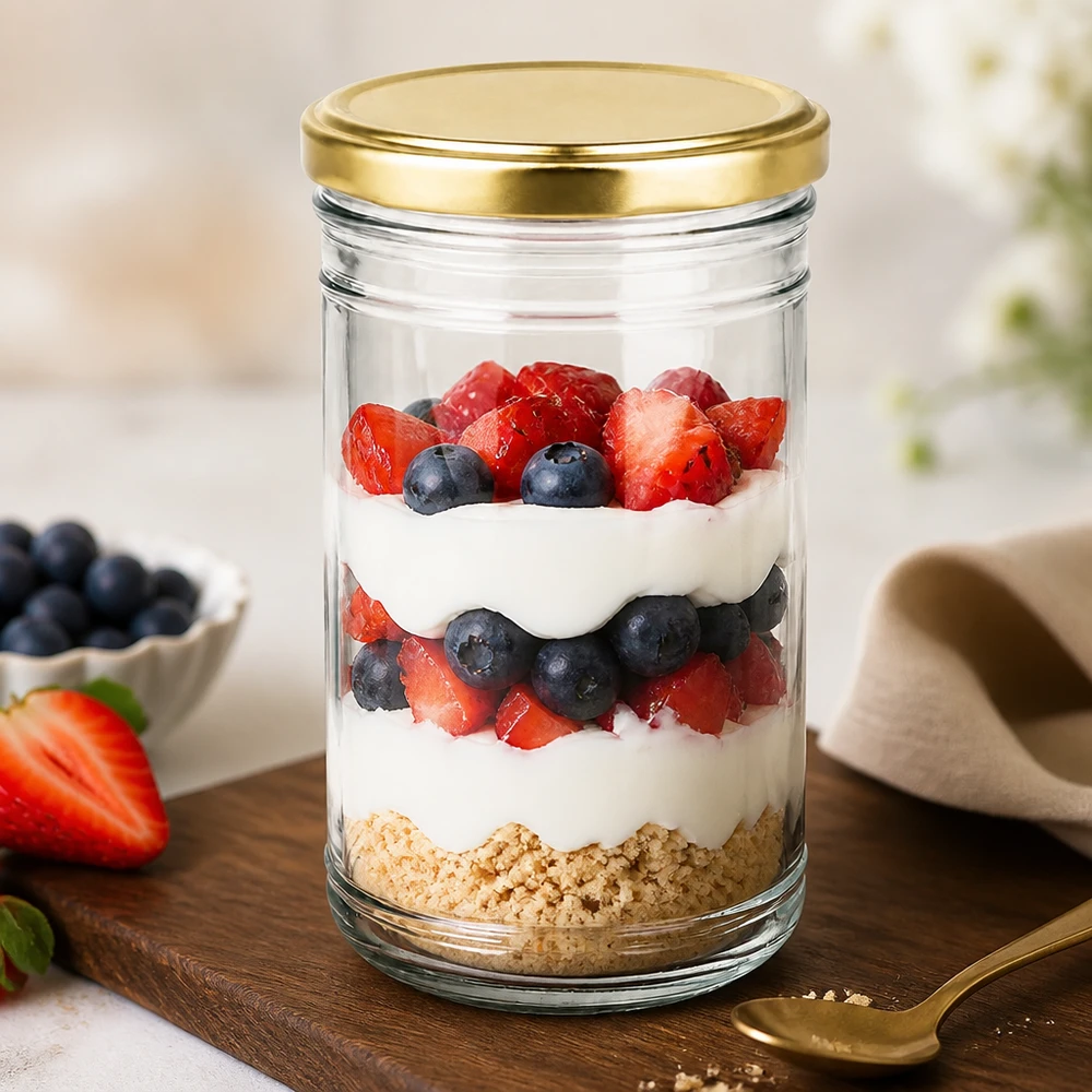 Gelaagd dessert met bessen en yoghurt in een glazen pot van 1053 ml met een gouden deksel als gezond dessertidee