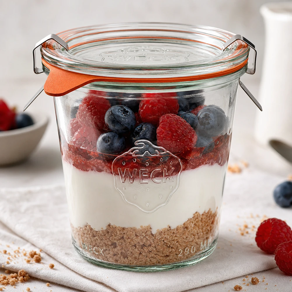 WECK beker 290ml RR80 als dessert pot met yoghurt bessen en muesli in lagen op een wit oppervlak