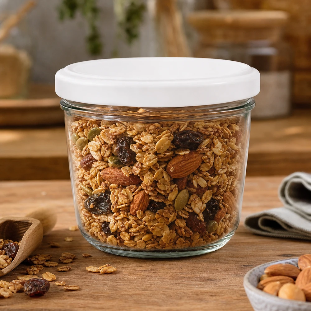 230ml bekers met BasicSeal deksel wit UNiTWIST 230 ml mason jar met BasicSeal deksel gevuld met muesli en noten - perfect om droog voedsel in te bewaren