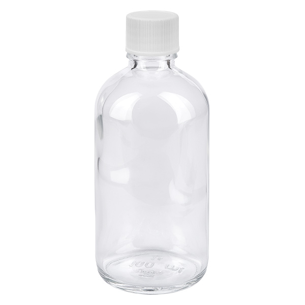 100ml fles 11mm SV wit STD ClearLine UT18/100 Glazen fles van 100 ml met witte schroefdop van 11 mm, ClearLine-serie UT18
