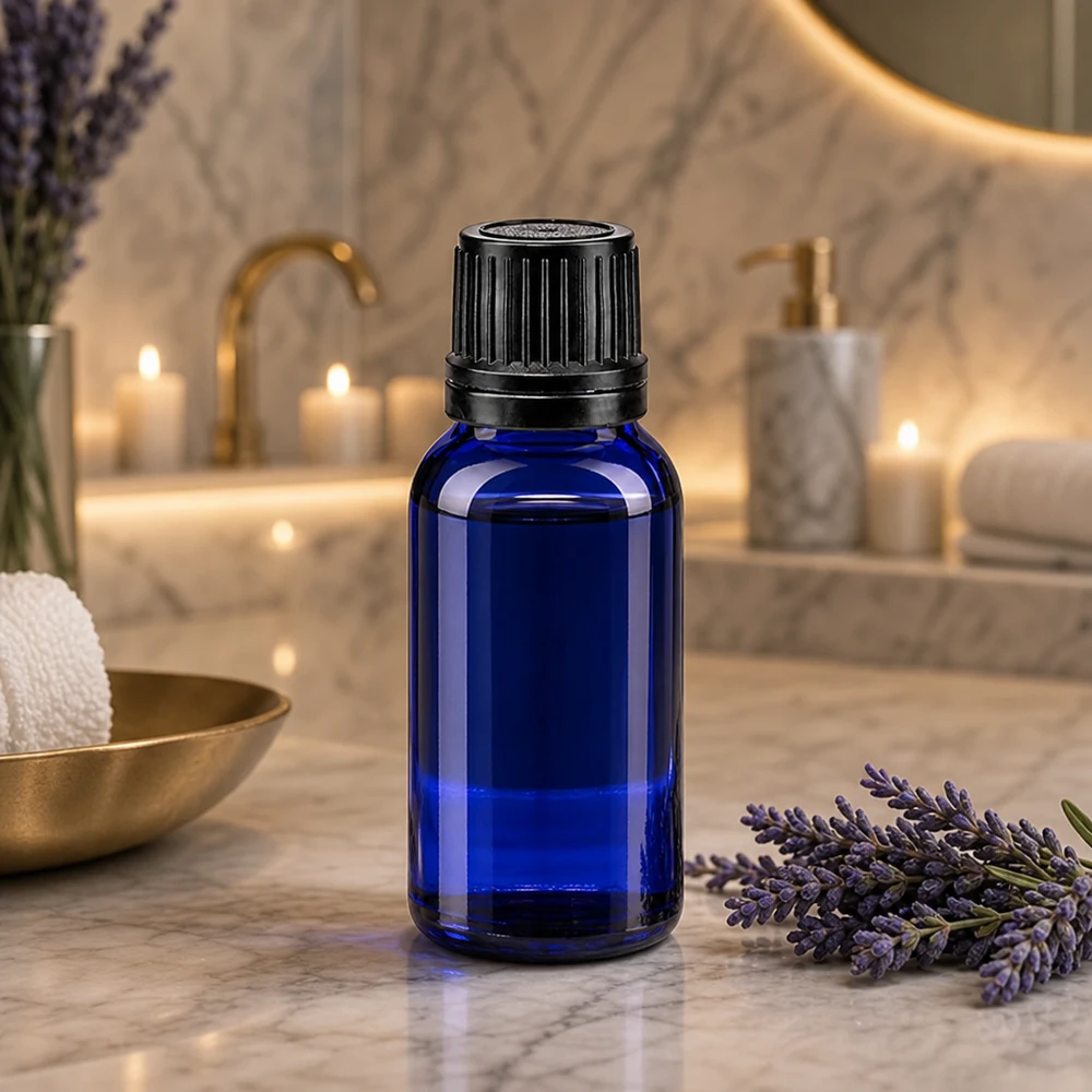 Blauwe glazen flessen 10ml met zwart druppelstop OV Slanke blauwe glazen fles van 10 ml met zwarte druppeldop, ideaal voor geuroliën en essences