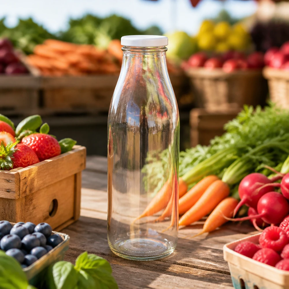 500ml glazen fles met BasicSeal deksel op houten tafel tussen vers fruit en groenten bij de marktkraam
