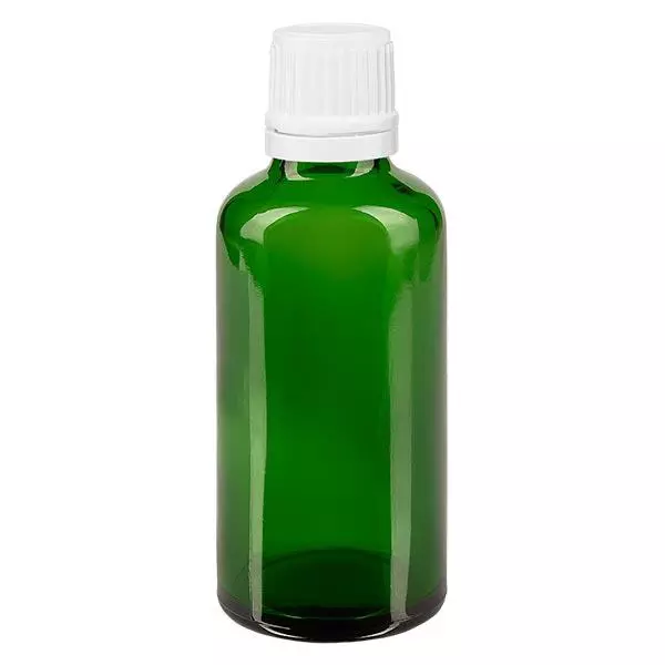 Groenen glazen flessen 50ml met wit druppelsluiting 1.2mm VR Groenen glazen flessen 50ml met wit druppelsluiting 1.2mm VR