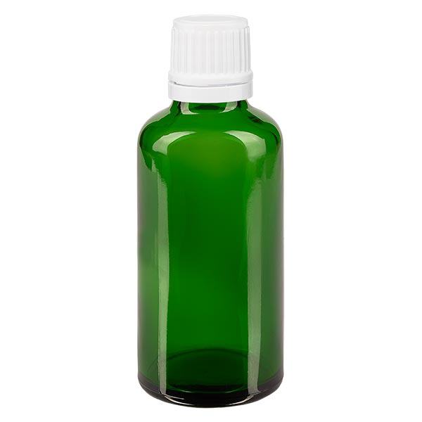 Groenen glazen flessen 50ml met wit druppelsluiting 1.2mm VR Groenen glazen flessen 50ml met wit druppelsluiting 1.2mm VR