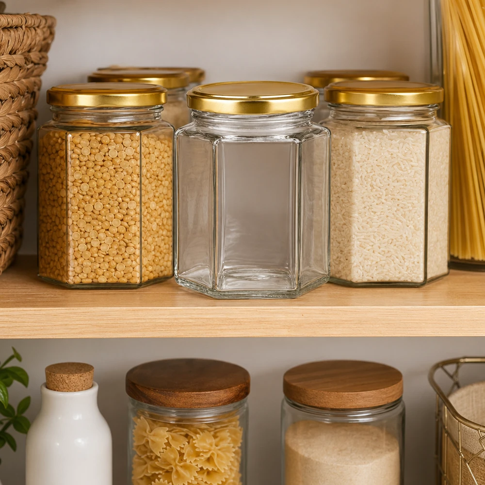 Honingpot 250g zeshoekig BasicSeal met gouden deksel op voorraadplank tussen voorraadpotten voor keukenorganisatie