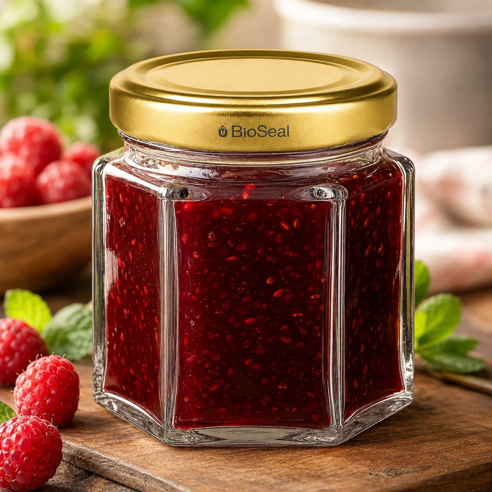 Honingpot 60 g met gouden BioSeal UNiTWIST-deksel Zeshoekig 60g honingpotje van BioSeal met rode frambozenjam op een houten plank versierd met verse frambozen