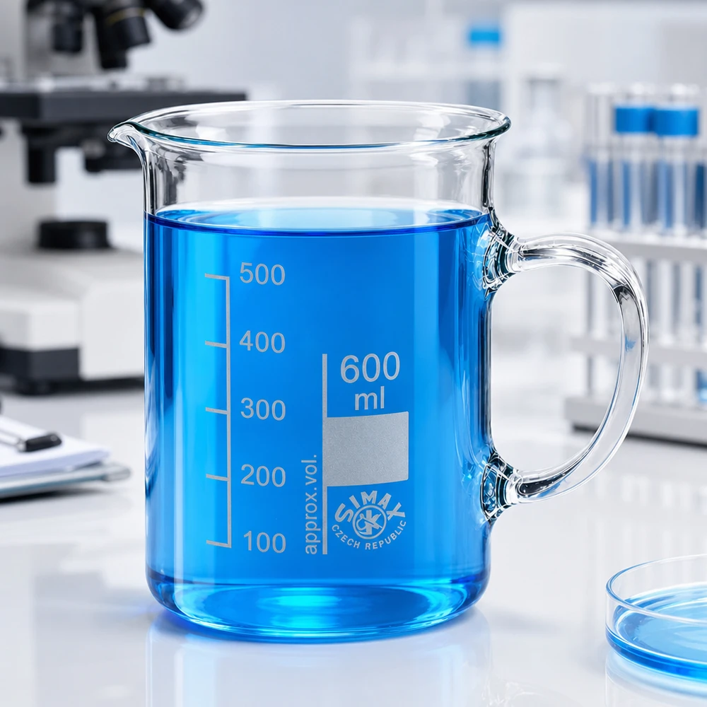 Simax laboratoriumbeker van 600 ml met ergonomische handgreep en blauwe laboratoriumachtergrond
