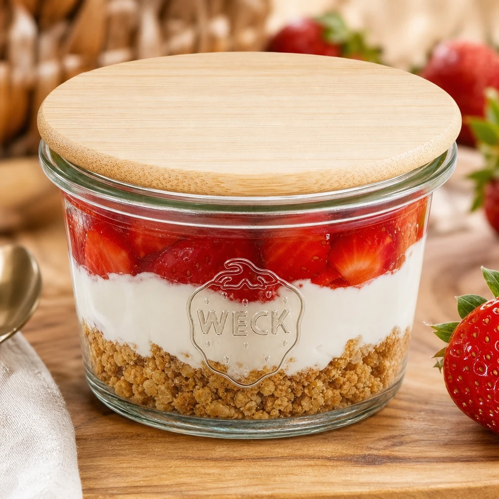 WECK-mini stortglas 35ml met hout deksel WECK mini mason jar 35ml RR40 met bamboe houten deksel gevuld met aardbeien gelaagd dessert op houten plank met verse aardbeien