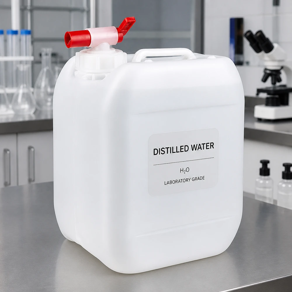 Draagbare vloeistofcontainer van 5 liter met handgreep en doseerkraan voor gebruik in het laboratorium