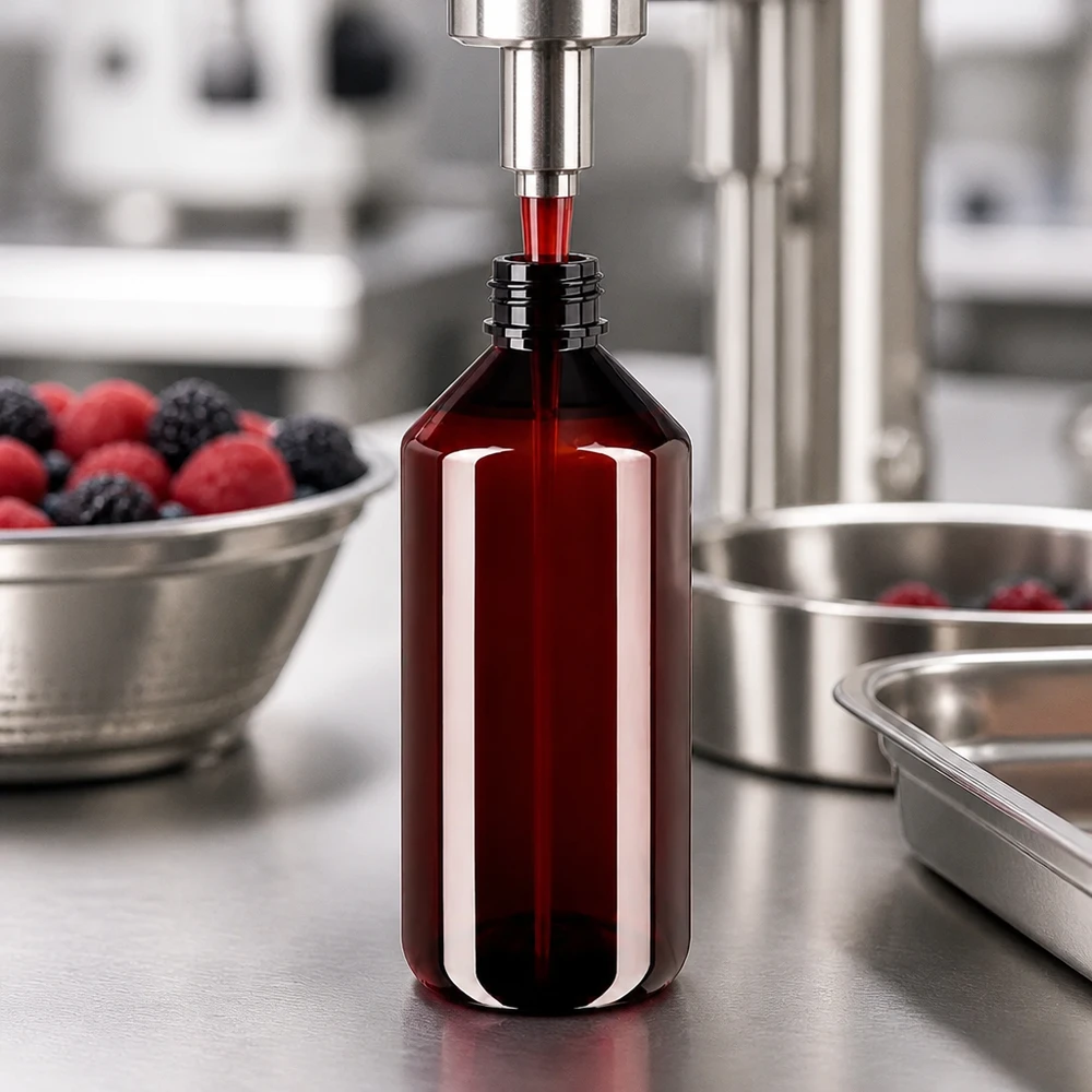 1000 ml PET medicijnfles met verstuiver zwart GCMI 28/410 incl. dop transparant, standaard Lichtondoorlatende PET-fles van 1000 ml met verstuiver op een roestvrijstalen werkblad