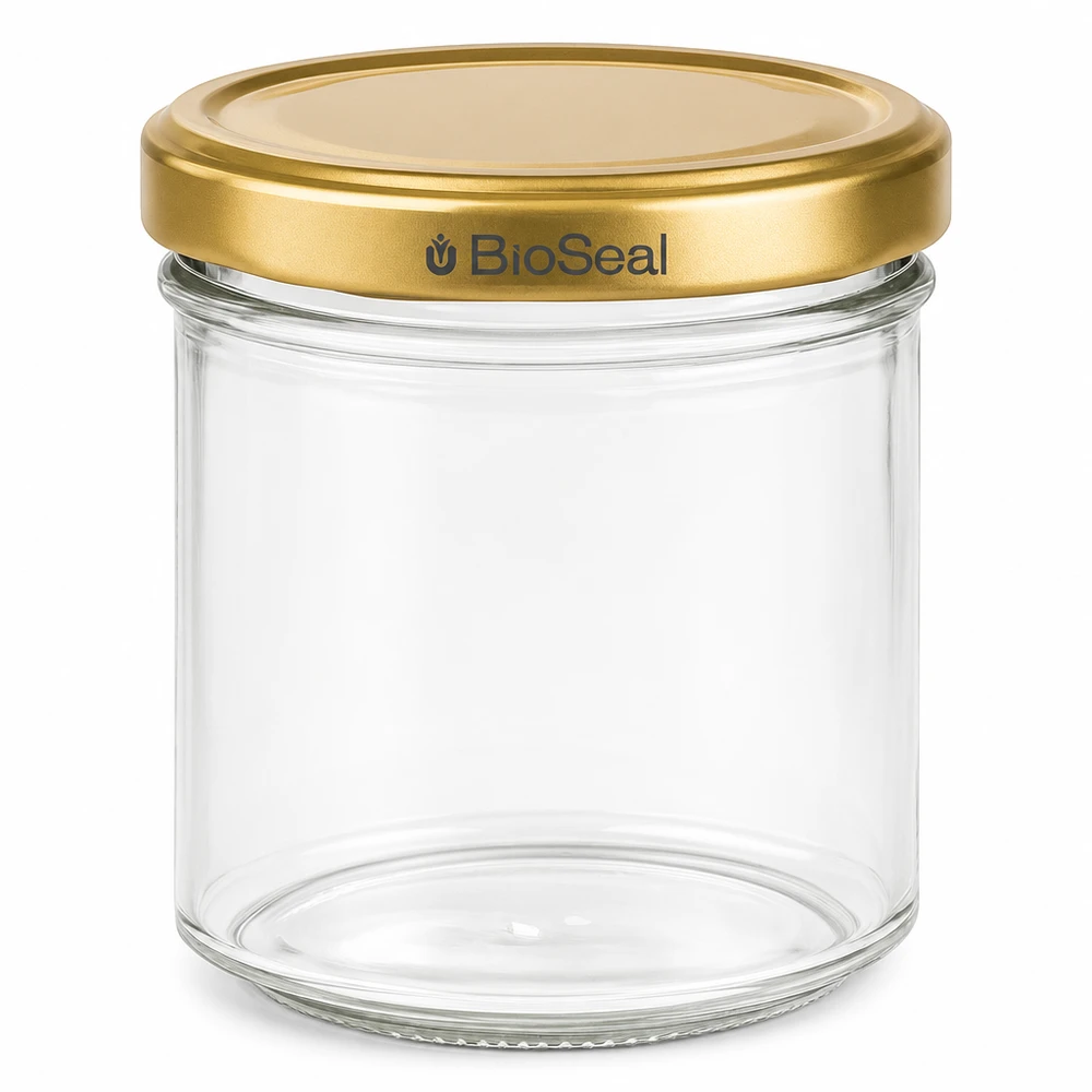 200g honingpot leeg met gouden schroefdeksel BioSeal transparante glazen pot voor honingjam