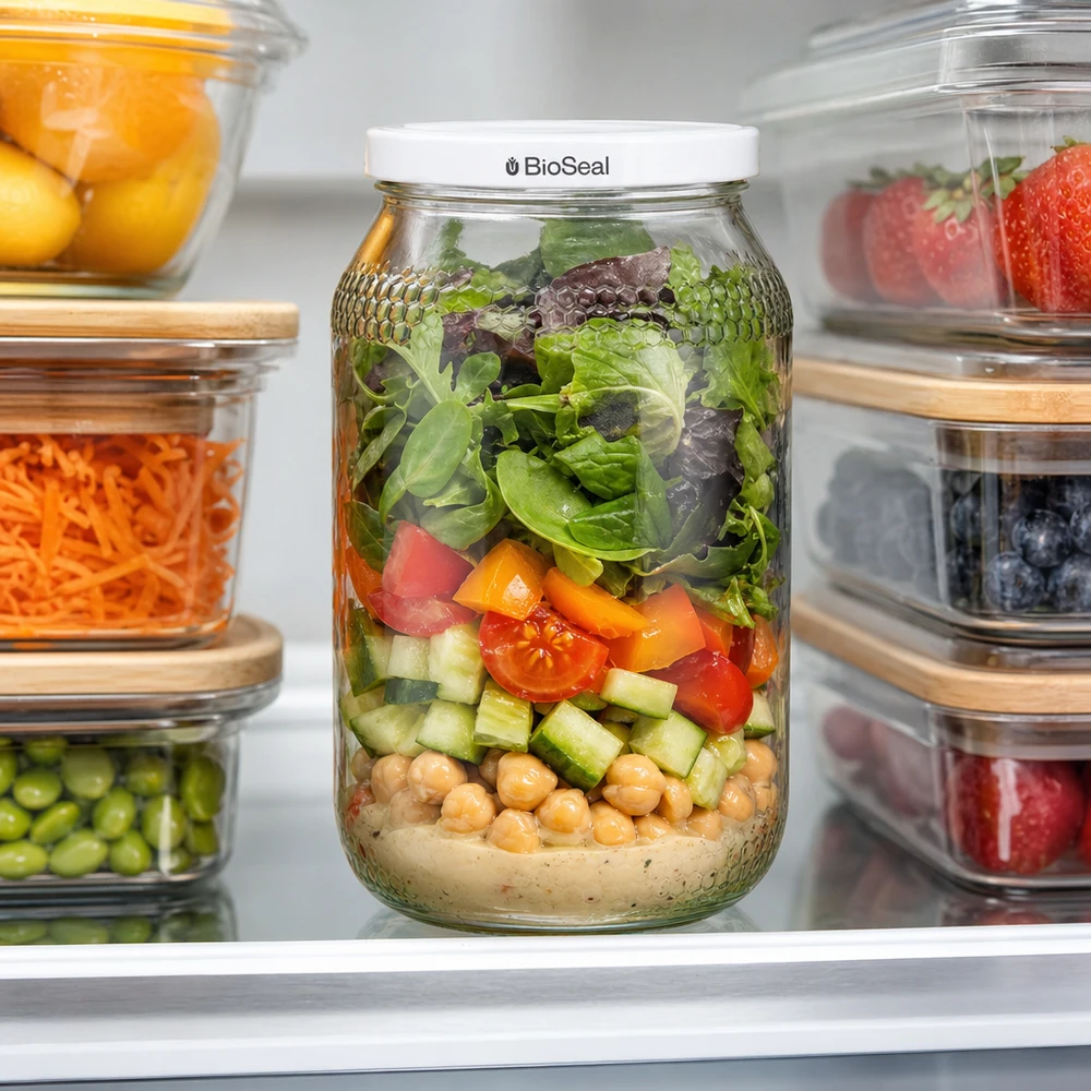 Honingpot 1260 g met witte BioSeal UNiTWIST-deksel 900 ml honingpot met BioSeal deksel als maaltijdcontainer in de koelkast gevuld met salade, kikkererwten en groenten