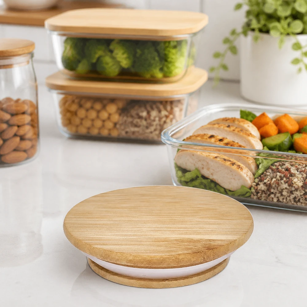 Houten deksel WECK RR60 Houten deksel RR60 voor WECK potten in keukensfeer met maaltijdverpakkingen en gezonde voeding