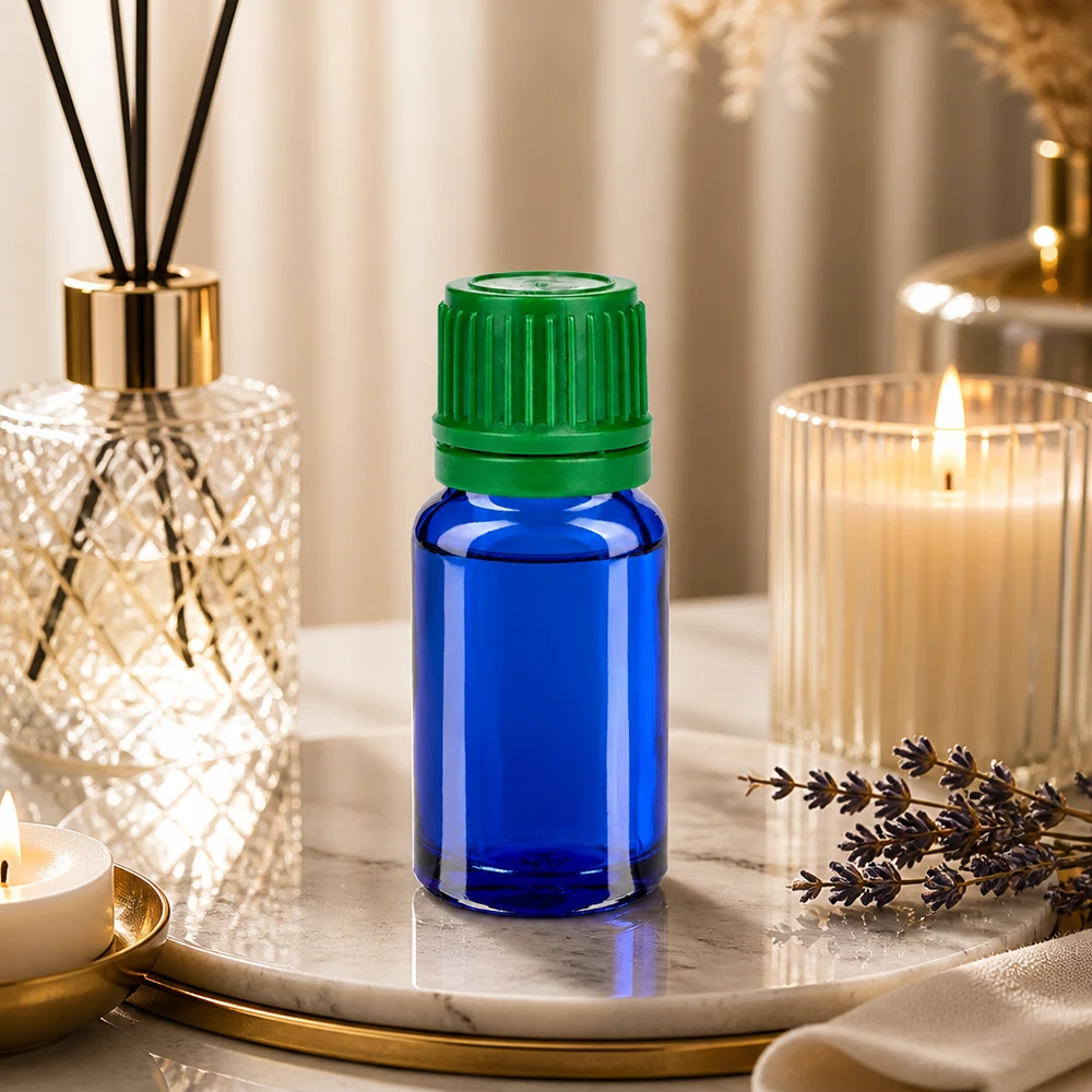Elegant blauw glazen flesje van 10 ml met schroefdop, perfect voor aromatherapietoepassingen