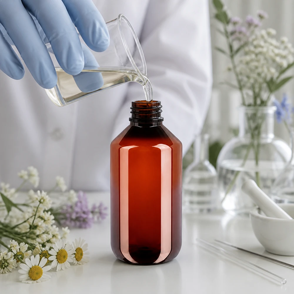 Voorraadfles van 200 ml, gemaakt van stevig PET-kunststof, in de klassieke bruine apothekersglas-look