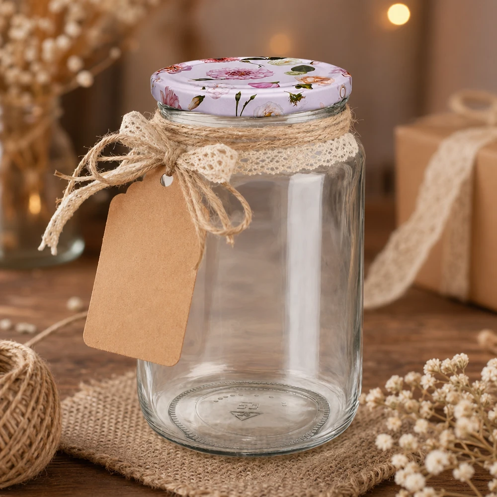 795ml ronde pot leeg met BasicSeal deksel roze bloemen rustieke decoratie jute koord kraftpapier label geschenkverpakking
