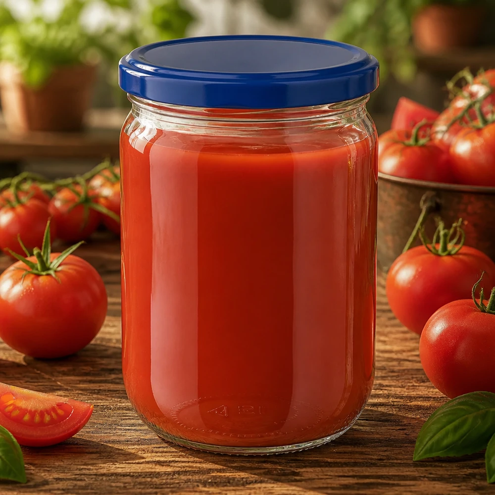 555 ml rond glas + BasicSeal-deksel blauw UNiTWIST Herbruikbaar rond glazen potje van 555 ml UNiTWIST met blauwe BasicSeal-deksel voor sauzen en pasta’s