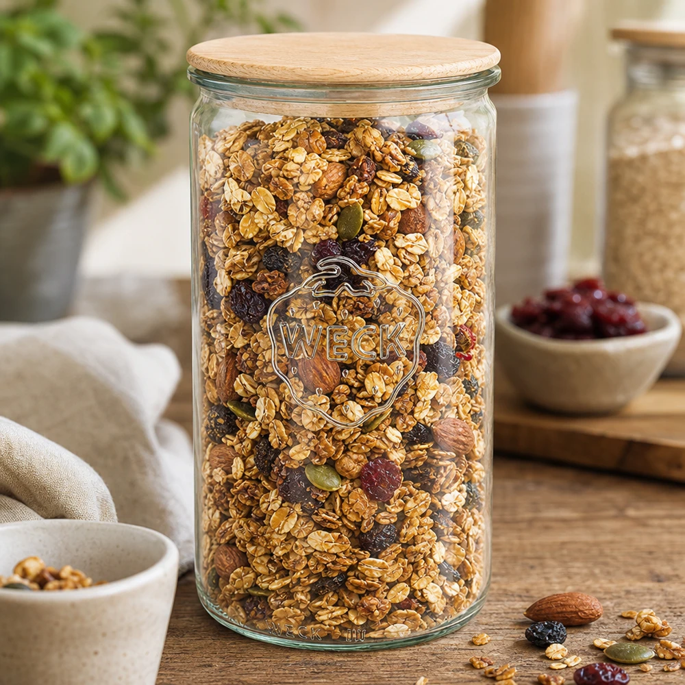 1590ml cilinderglas WECK RR100 met hout deksel WECK voorraadpot 1590ml RR100 gevuld met muesli en noten als keukenhulp op een houten tafel