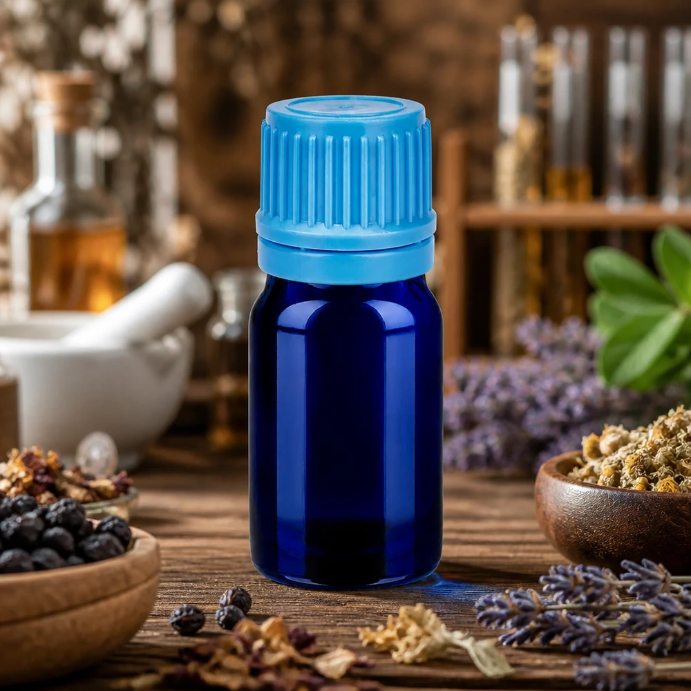UV-beschermend glazen flesje van 5 ml in donkerblauw met veilige sluiting
