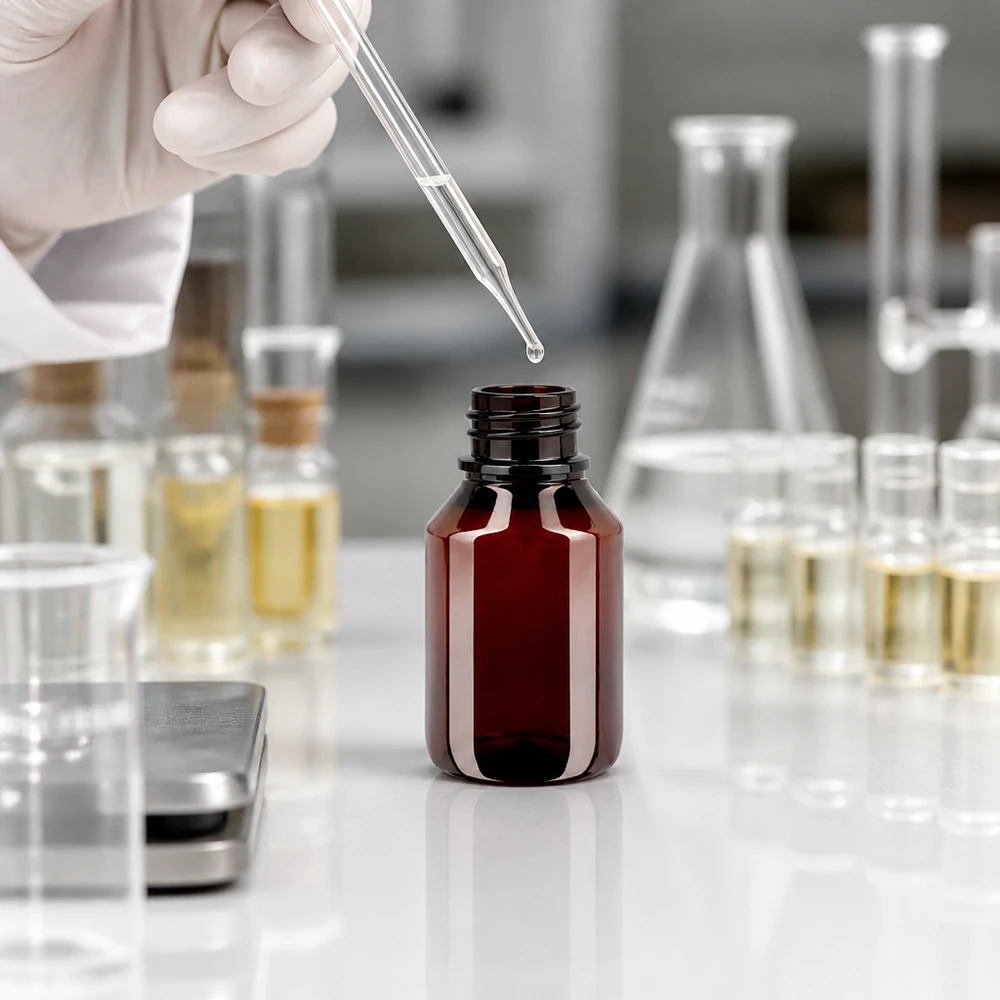 Voedselveilige PET-fles van 50 ml in bruin met witte buitenverpakking voor aroma’s