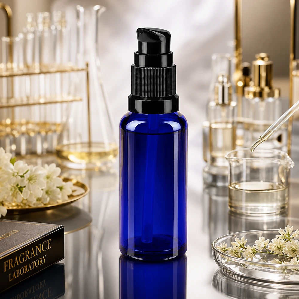 Kleine pompfles van 30 ml van blauw apothekersglas met een zwarte doseerdop in het cosmeticalaboratorium