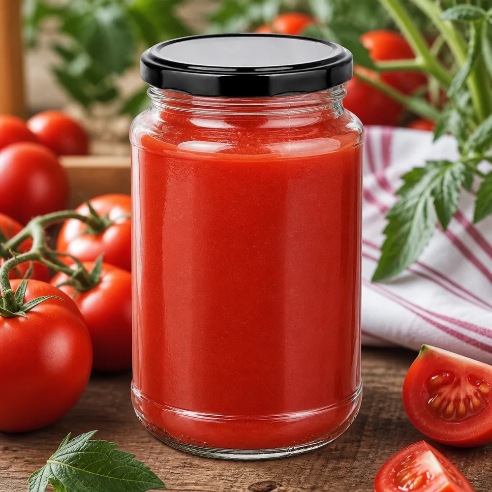 Rond glas van 320 ml + BasicSeal zwart UNiTWIST Voorraadpot van 320 ml UNiTWIST BasicSeal, zwart, met zelfgemaakte tomatensaus naast tomatenplanten