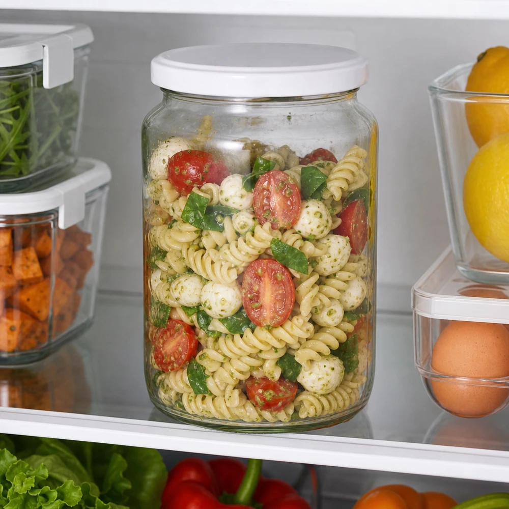 795 ml ronde UNiTWIST-pot als maaltijdverpakking in de koelkast gevuld met pastasalade toont een perfect behoud van versheid.