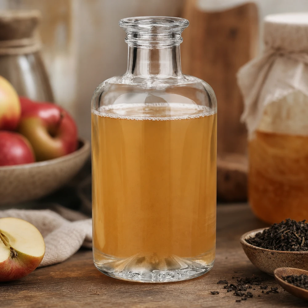 100ml Sofia glazen fles gevuld met appelsap naast verse appels en theekruiden op een natuurlijke houten tafel