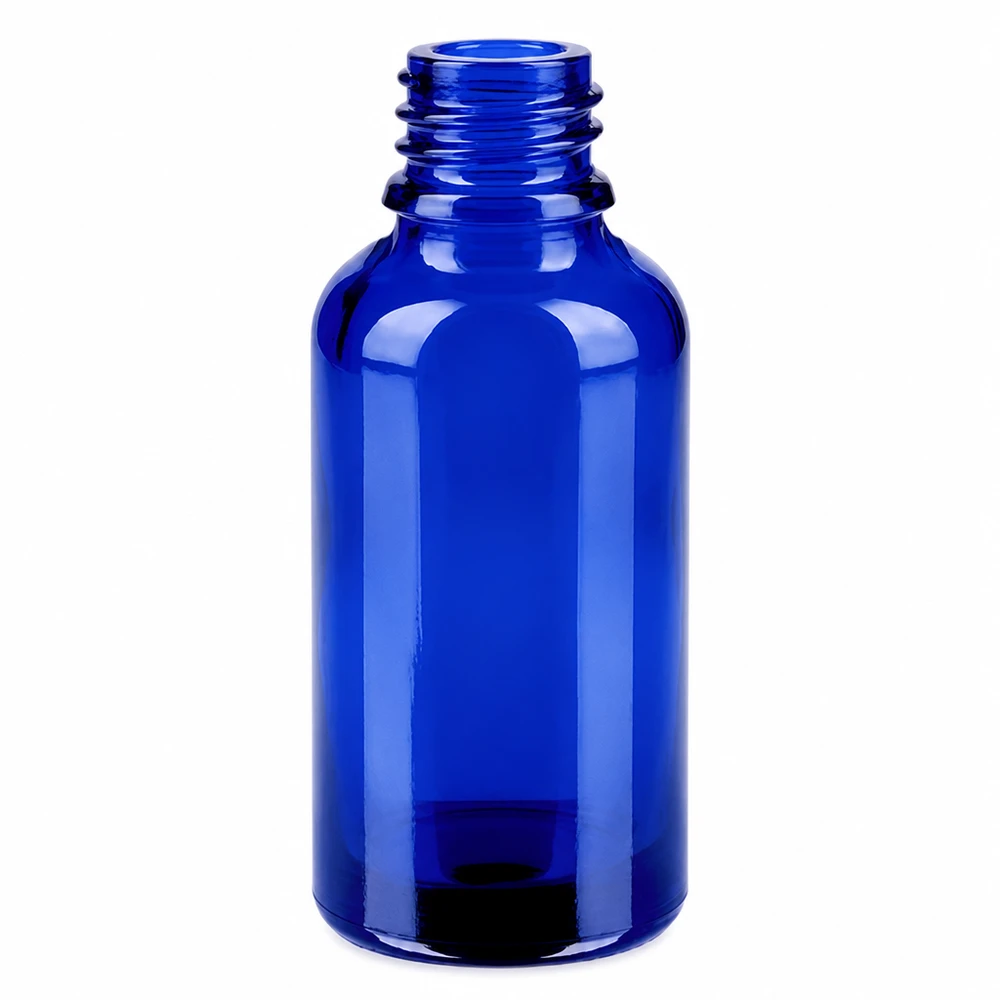 30ml fles 11mm SV rood OV BlueLine UT18/30 Kobaltblauwe glazen fles van 30 ml met schroefdop beschermt de inhoud optimaal tegen UV-straling