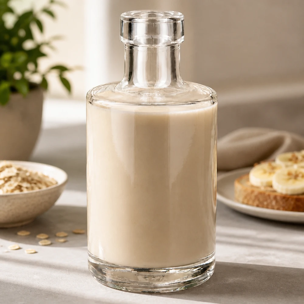 Glazen fles Marie 200ml gevuld met havermelk Lifestyle keuken tafereel met havervlokken en brood Toepassing