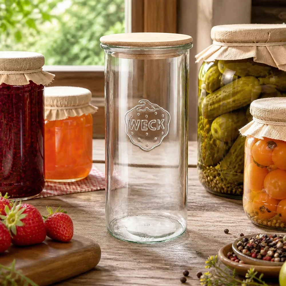 1500ml stortglas WECK RR100 met hout deksel WECK RR100 inmaakpot 1500ml met houten deksel in rustieke keuken met jam en ingemaakte augurken