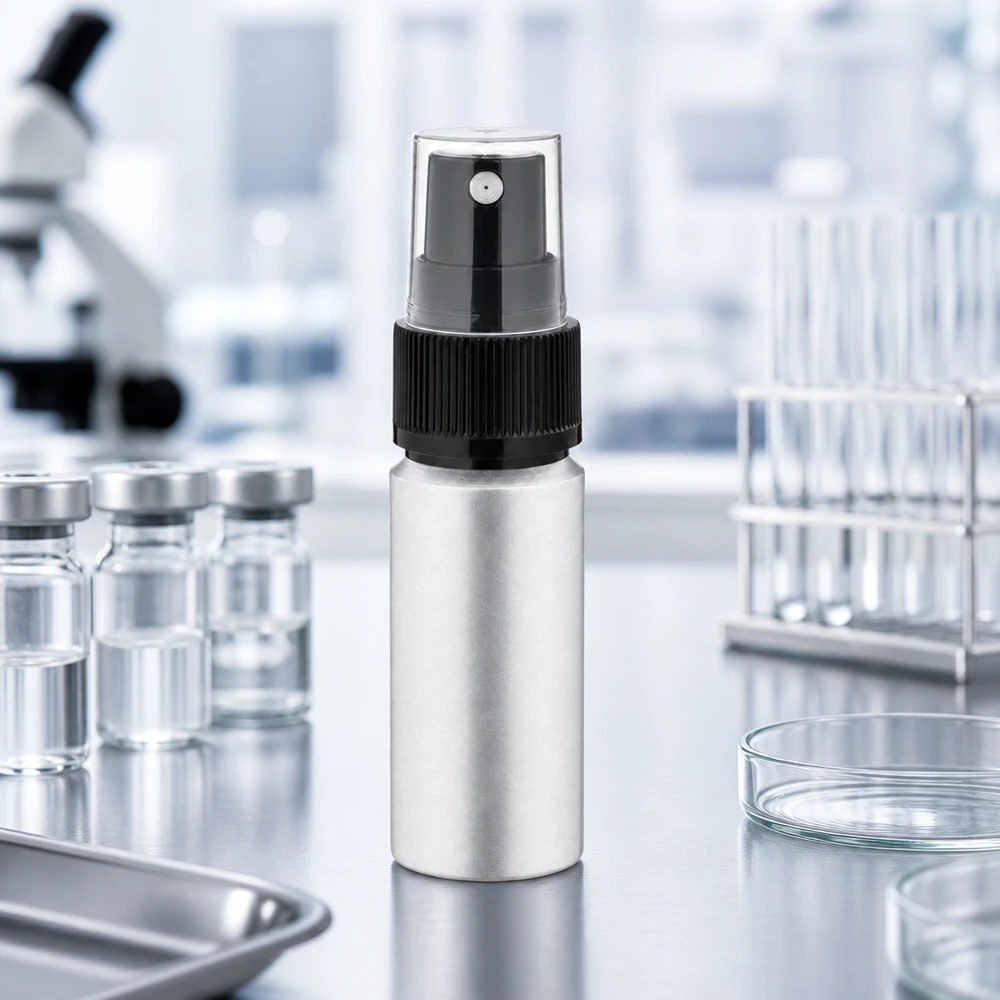 Navulbare aluminium fles van 20 ml met pompverstuiver voor milieubewuste toepassing van cosmetica
