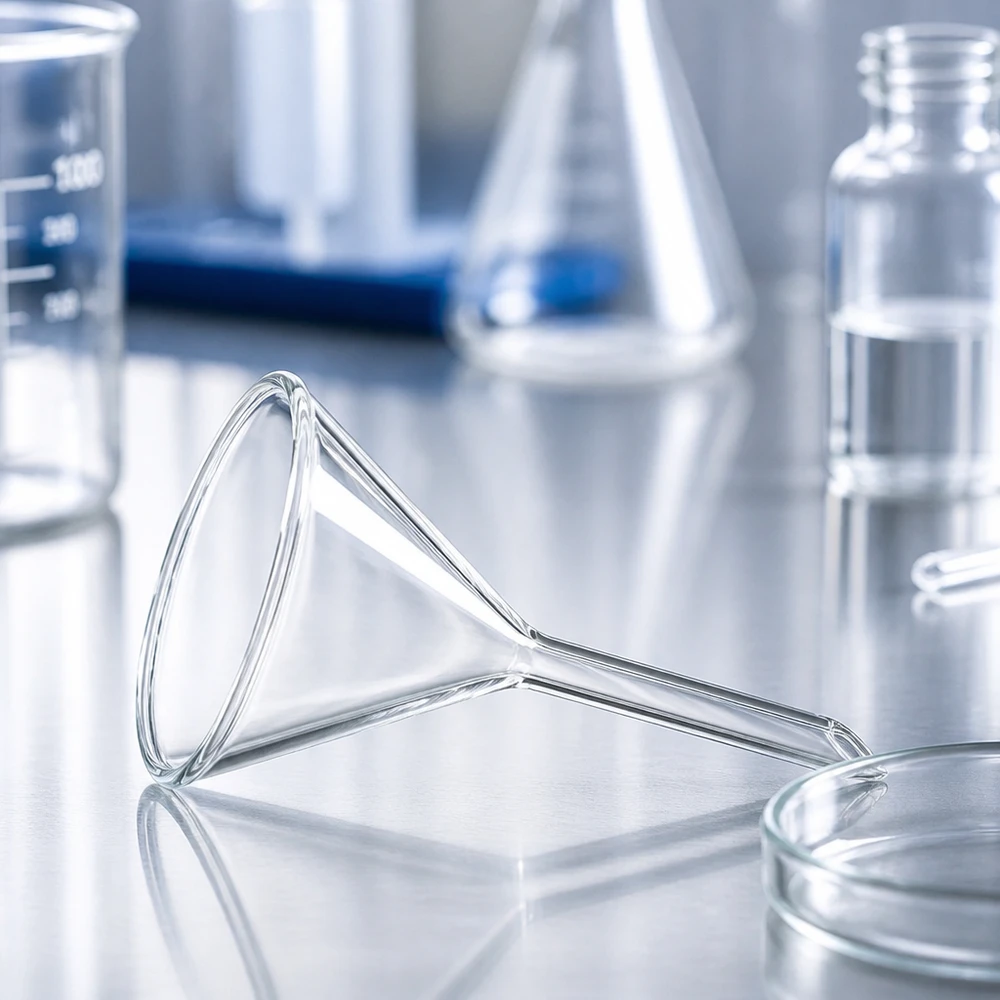 Precisietrechter 45 mm van hittebestendig natronkalkglas voor laboratoriumwerk en analyses