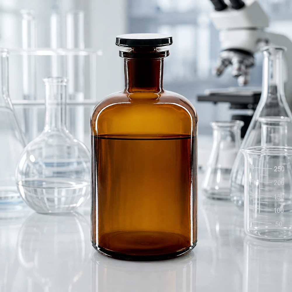 Bruine laboratoriumglasfles van 500 ml met smalle hals en stop, naast een Erlenmeyer-kolf en een microscoop