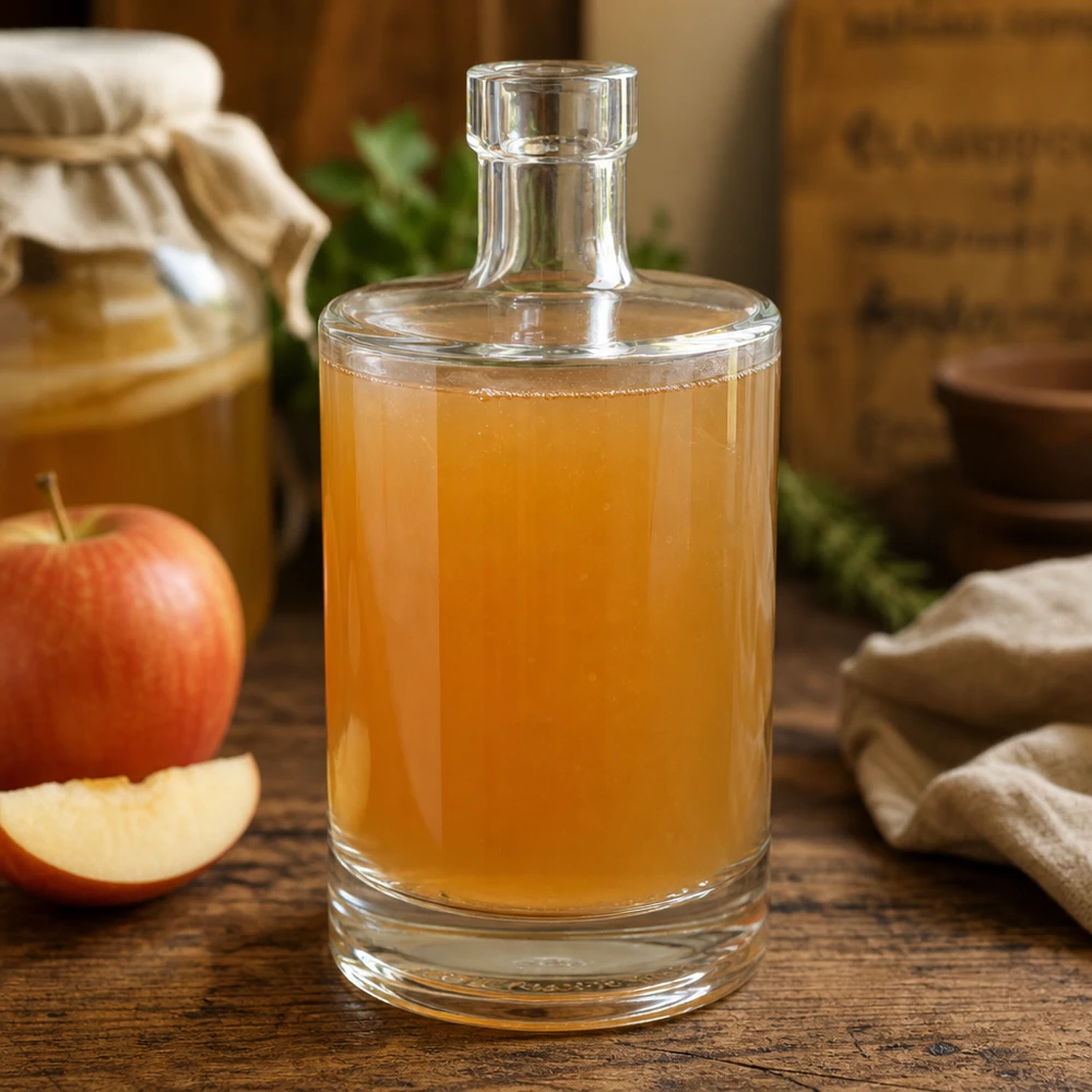 500 ml glazen fles Marie gevuld met appelcider naast verse appels toont veelzijdig gebruik voor zelfgemaakte sappen