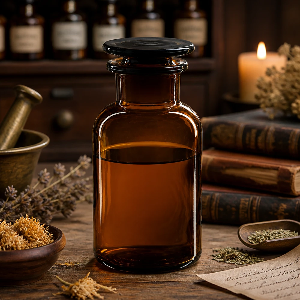 Antieke apothekersfles van bruin glas, 250 ml, pot met brede hals en luchtdichte glazen stop