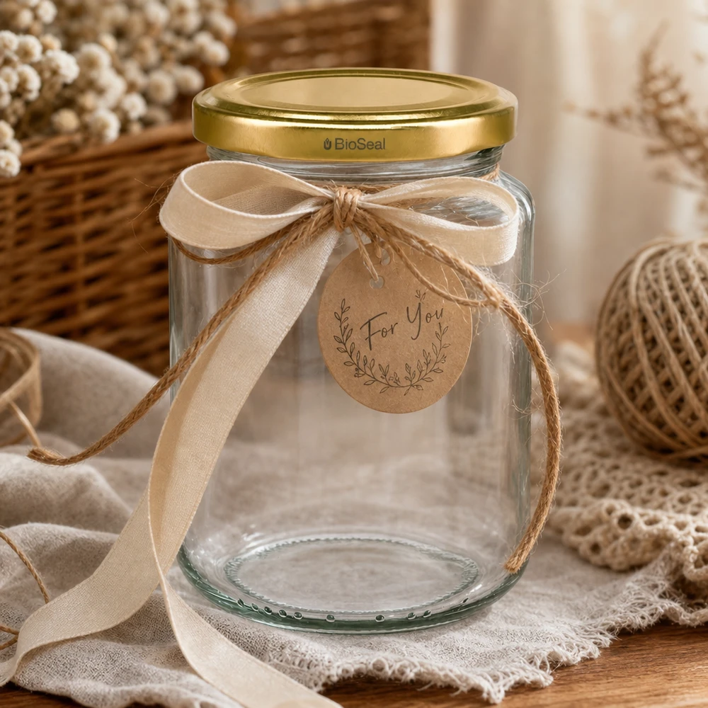382ml rond glas met BioSeal deksel goud UNiTWIST UNiTWIST Runda382 geschenkdoos met strik en label, gouden TO66 BioSeal deksel, decoratieve inmaakpot