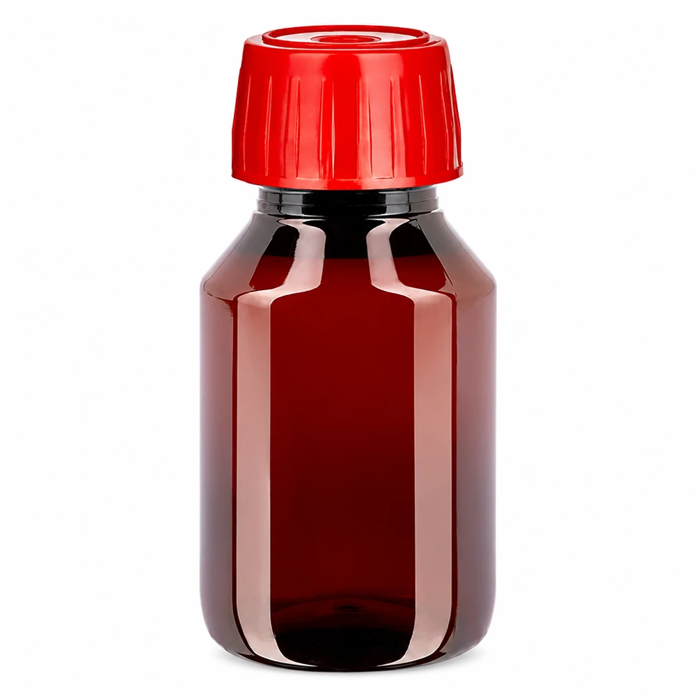 Compacte PET-laboratoriumfles van 50 ml, bruin-transparant, met een rode ontgassingsdop