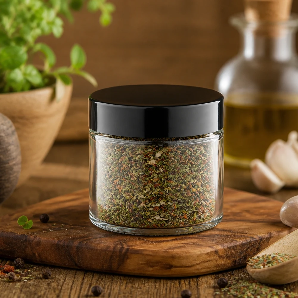 Kruiderpot-idee: Glazen pot 30ml helder inkl. sluiting Herbruikbare glazen pot van 30 ml met gedroogde Italiaanse kruiden en een matte schroefdop