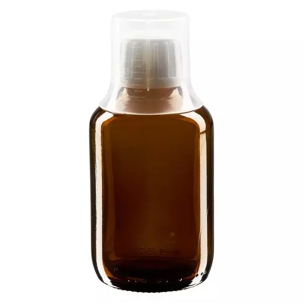 150 ml Euro-medicijnflessen met witte schroefsluiting en doseerbeker 30ml