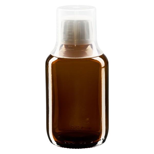150 ml Euro-medicijnflessen met witte schroefsluiting en doseerbeker 30ml 150 ml Euro-medicijnflessen met witte schroefsluiting en doseerbeker 30ml