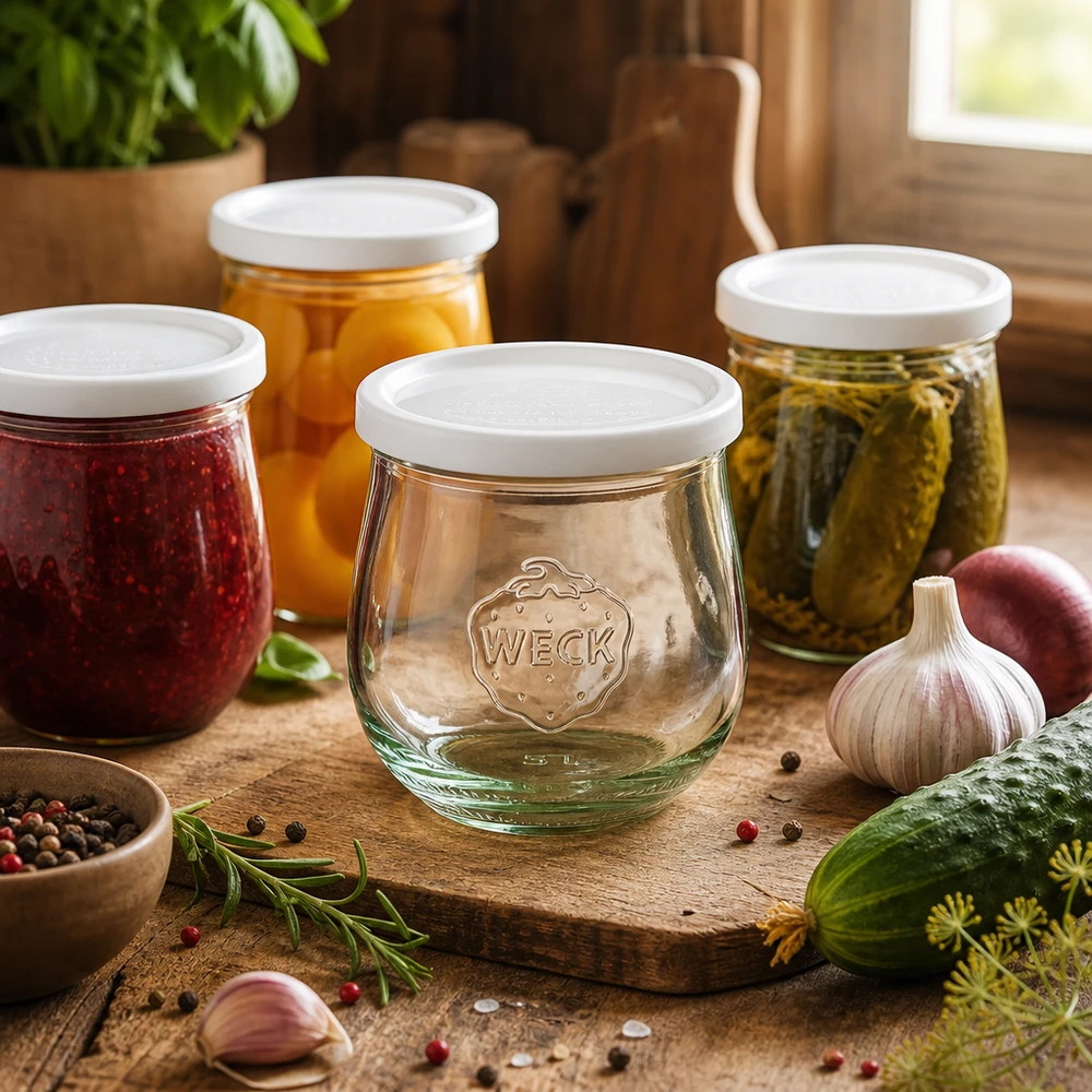 WECK RR80 tulpvormige pot van 370 ml met vershouddeksel WECK tulp pot 370ml RR80 in keuken scène met conserven, specerijen en kruiden gerangschikt op houten plank
