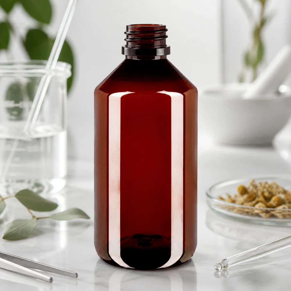 PET fles 750ml met witte verzegelde dop, geribbeld Farmaceutische ronde PET-fles van 750 ml, bruin-transparant met witte draaisluiting