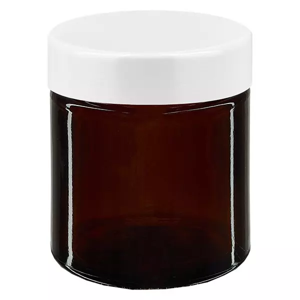 Glazen potje 30ml bruin, met wit bakelieten deksel